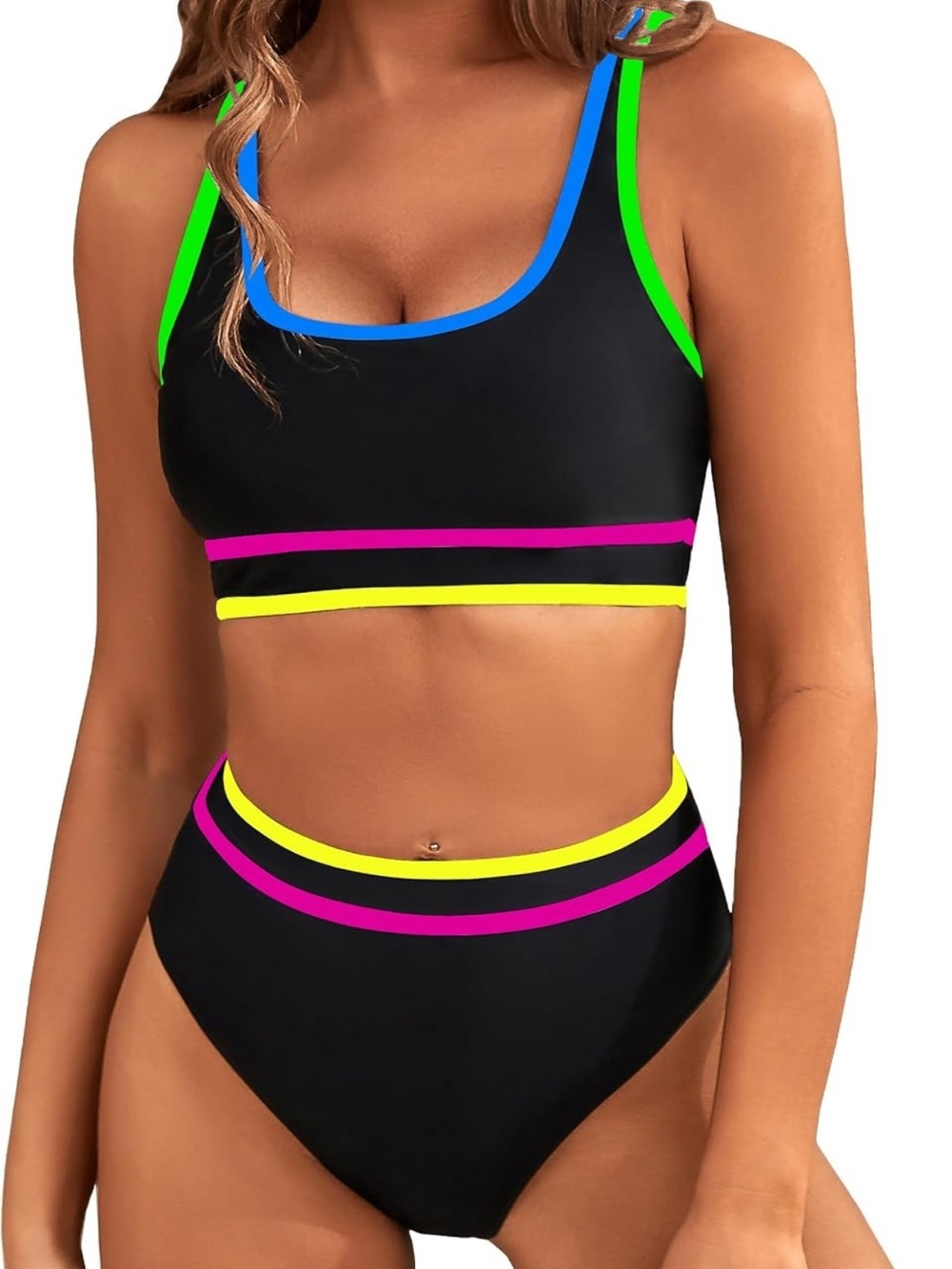 Tummy Control Swimsuit High Waisted Two Piece Athletic adjustable straps 2157/6